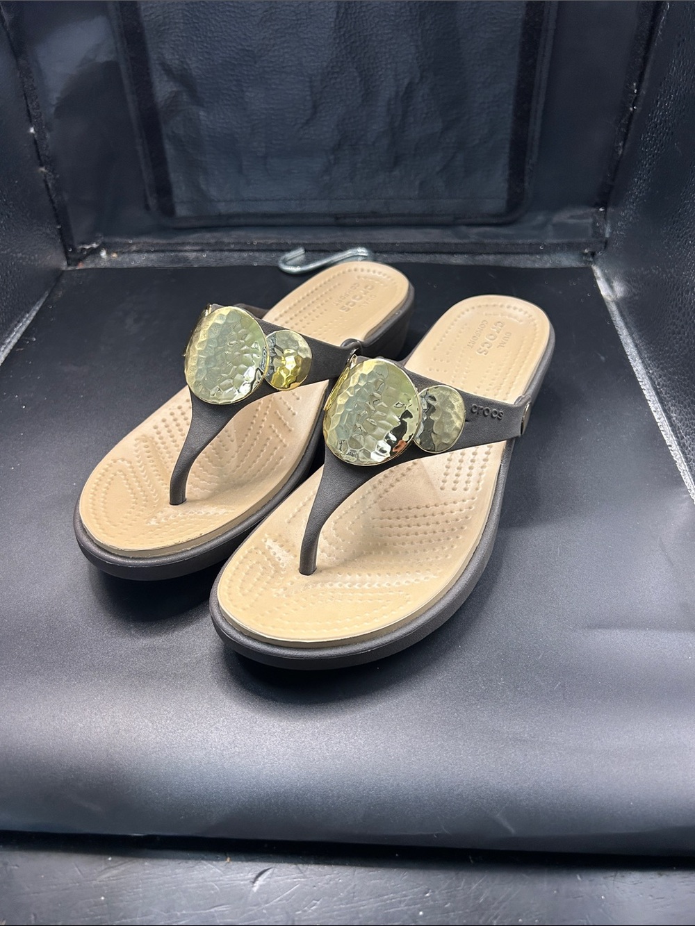 CROCS Women’s Beige Footbed with Gold Medallion Thong Sandals